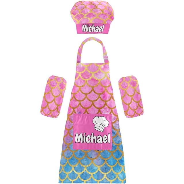Custom Kids Apron and Chef Hat Set for Baking Personalized Kitchen Cooking Apron for Boys Girls (3-12 Years)
