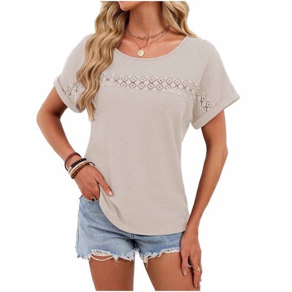 Enjoytime Women's Tops Solid Color Round Neck Short Sleeve Shirts Lace Patchwork Trendy Casual Work Blouses Beige XL