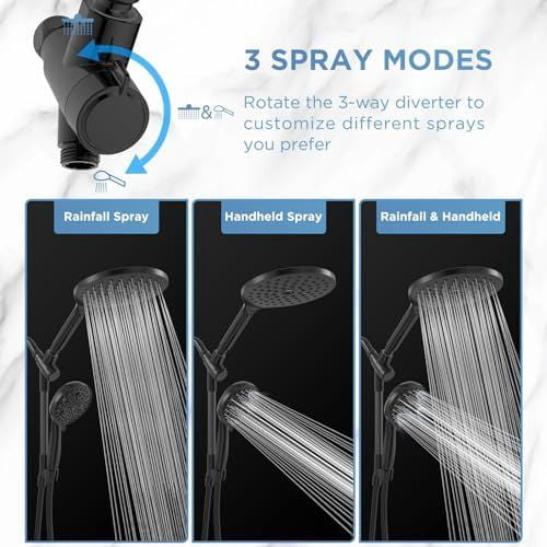 Dual Handheld Shower Head Combo, 2-in-1 Rain Shower Heads System 8 Inch Rainfall Shower Head and 10 Modes High Pressure Hand Held Showerhead with Built-in Power Wash Black,Standard-Round