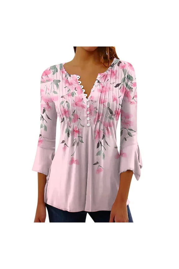 Ichuanyi 3/4 Length Sleeve Womens Tops Casual V Neck Button-down Flared Sleeve Pleated Top Boho Floral Blouses Work Shirts