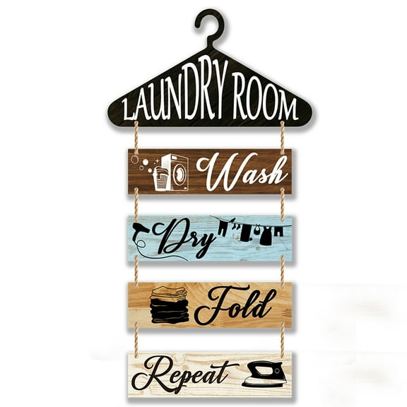 Solid Wood Laundry Room Wall Hanging Sign Wall Decor with Jute Twine Mixed Color 200~250x50~130mm 5pcs/set