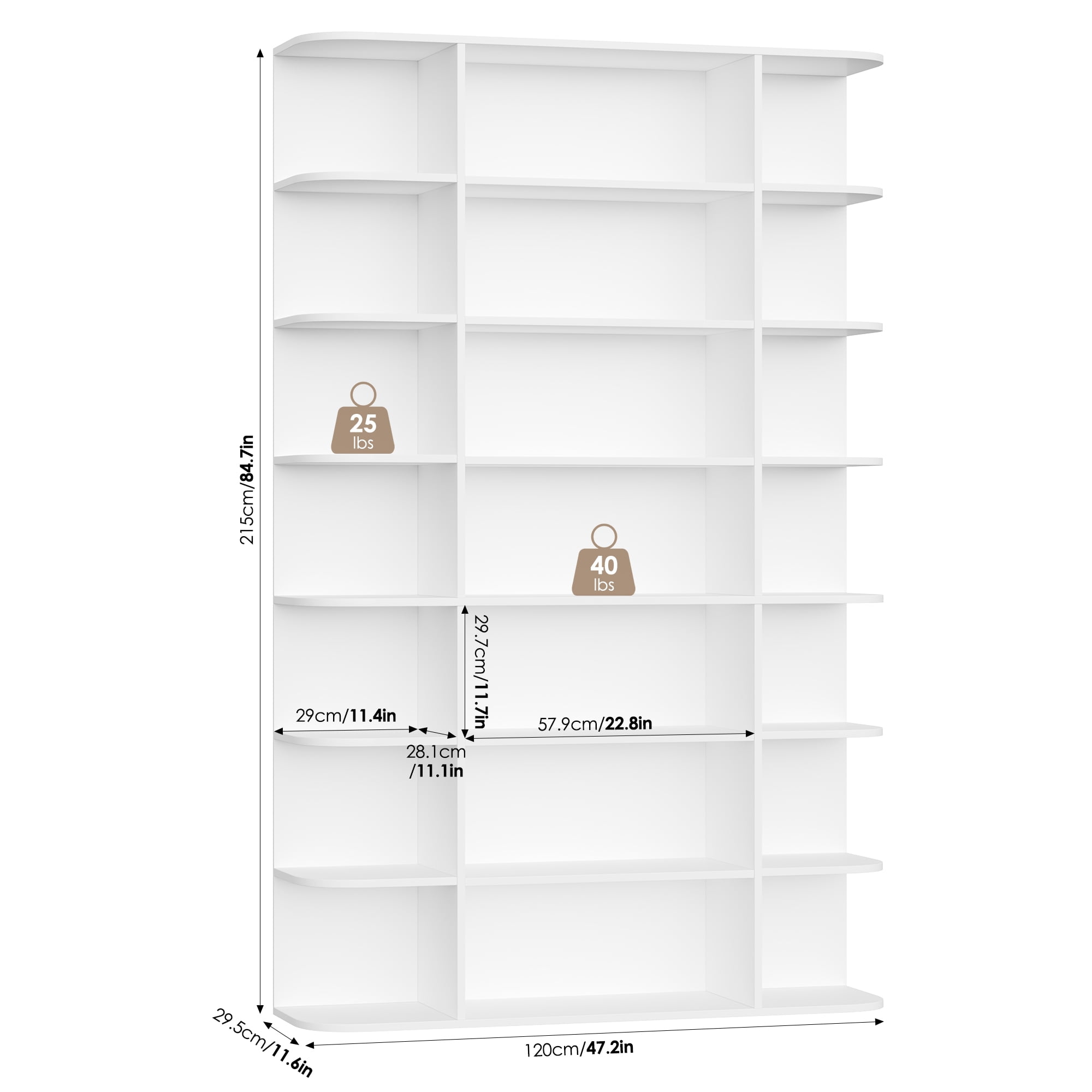 Homfa 7-Tier Triple Wide Bookcase, 84.6" Tall Bookshelf with Curved Display Shelves for Living Room Home Office Study, White