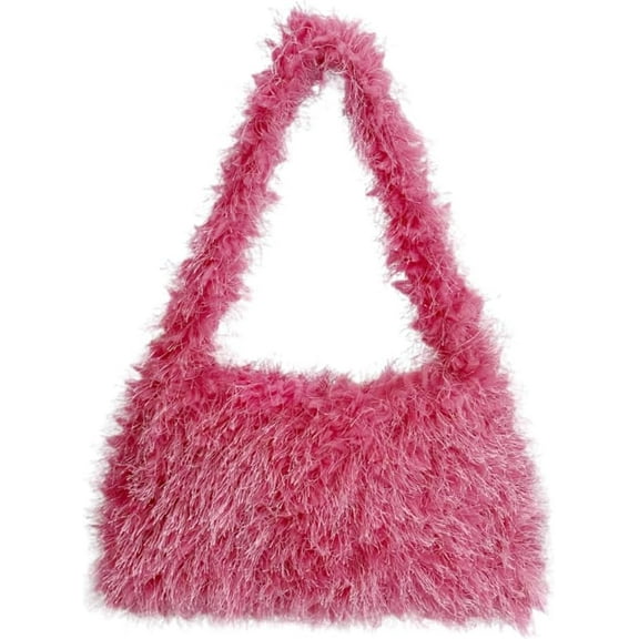 ikasus Women Furry Purse Fuzzy Tote Bag Y2K Fluffy Shoulder Bag Cute Plush Bag Ladies Faux Fur Tote Bag for Autumn Winter, Fuchsia