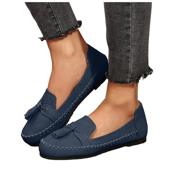 Womens Suede Penny Loafers Fashion Fringe Round Toe Stitching Flat Walking Shoes Lightweight Moccasins Driving Shoes Navy Size 8.5