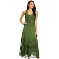 thumbnail image 5 of Sakkas Zendaya Stonewashed Rayon Embroidered Floral Vine Sleeveless V-neck Dress - Green - S/M, 5 of 5