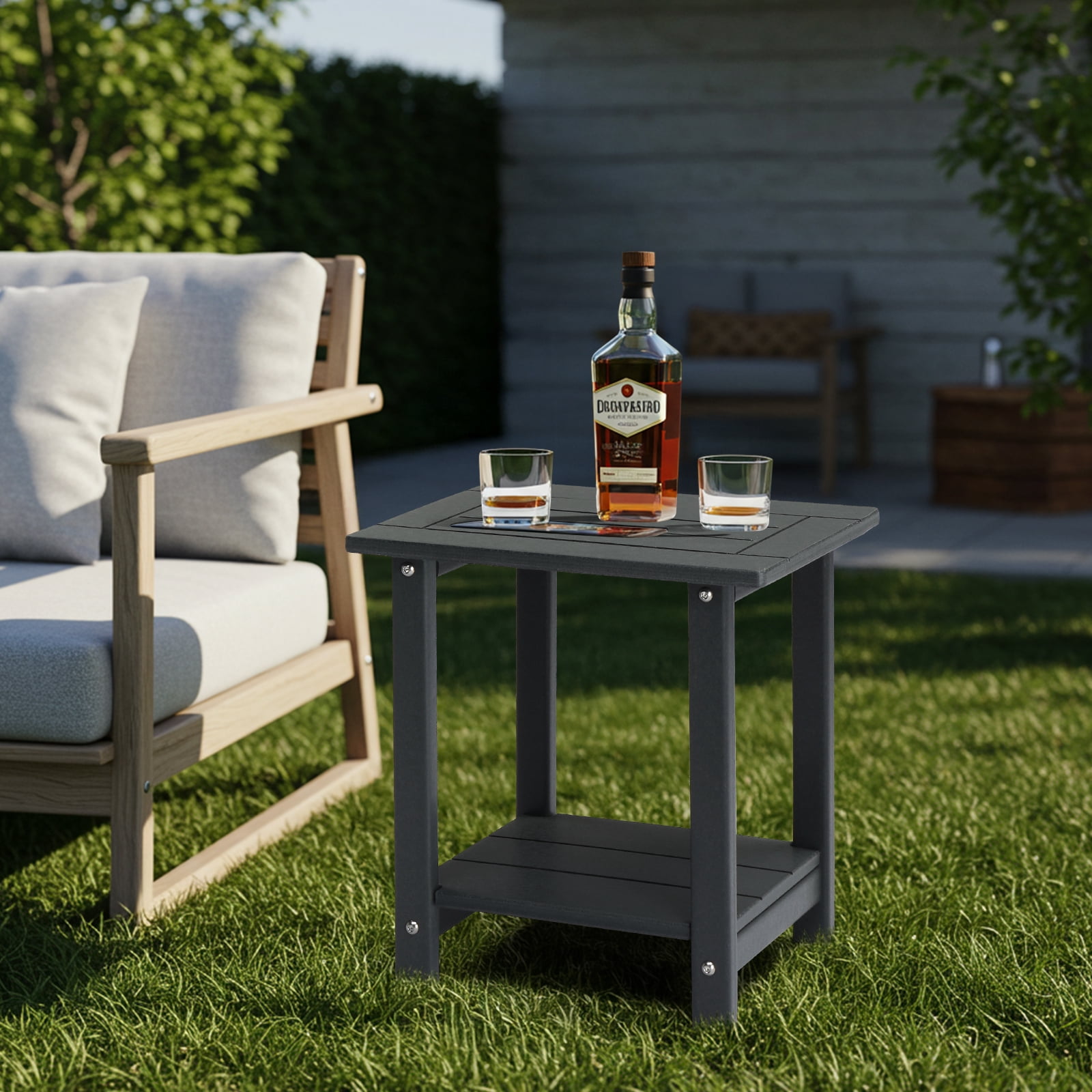 2-Tier Round HDPE Outdoor Side Table Weather Resistant Patio End Table Dark Gray Porch Balcony Storage Side Table