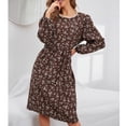 thumbnail image 2 of Vestido midi de mujer con estampado floral con cuello redondo de cintura alta Vestido de manga larga para citas Oficina en casa Café M, 2 of 6