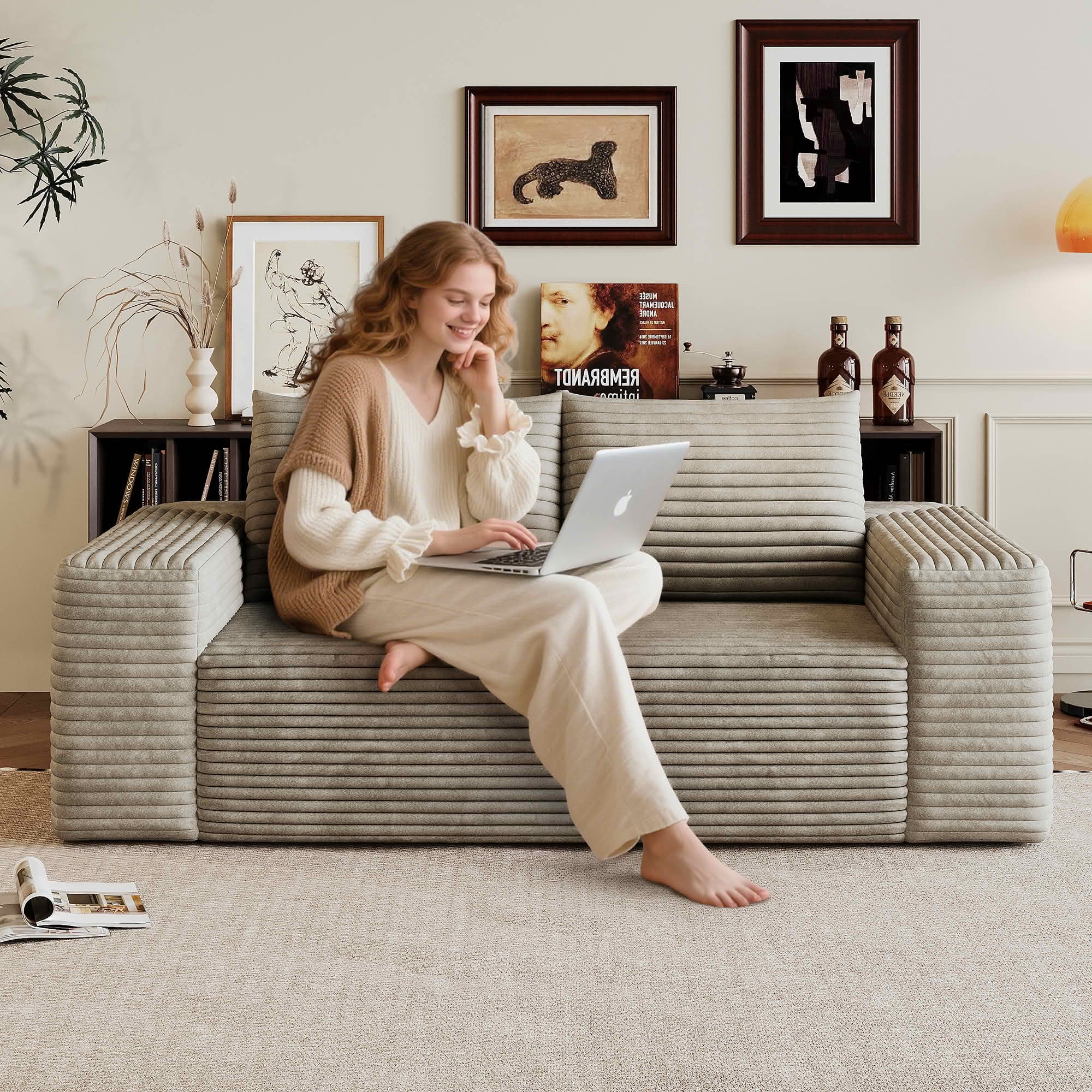 MAYEERTY 63" 2-Seater Corduroy Sofa, Deep Seat Comfy Loveseat, No Assembly, for Living Room Bedroom Conference Room, Camel