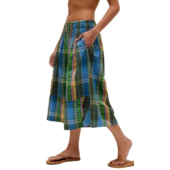 Women's Palazzo Pants Pocket Retro Plaid Wide Leg Loose Casual Long Trousers Pants for Women Green L