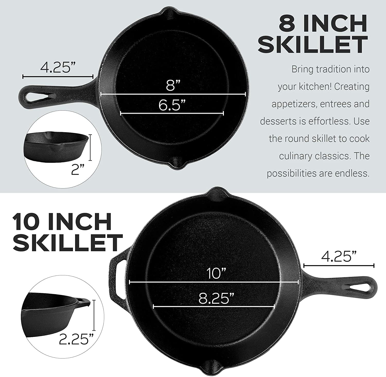 Grill Stovetop Indoor and Outdoor Use 2 Heat-Resistant Holders 8-Inch and 12-Inch Induction Safe Oven Safe Cookware Pre-Seasoned Cast Iron Skillet 2-Piece Set