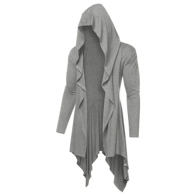 aohooy Cardigan Men Lightweight Long Draped Coat Ruffle Shawl Collar Open Front Halloween Hooded Cloak 2025 Gray,L