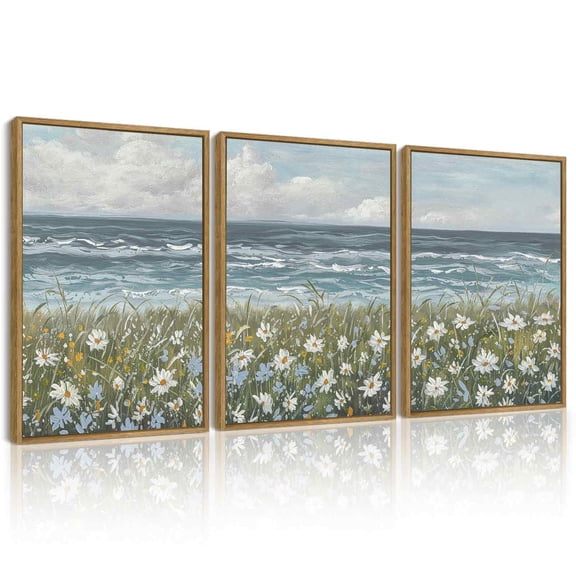 Drsoum Vintage Landscape Wall Art Coastal Wildflower Field Wall Prints Classic Retro Farmhouse Rustic Decorations for Office Bedroom 11x14in3pcs Natural Framed