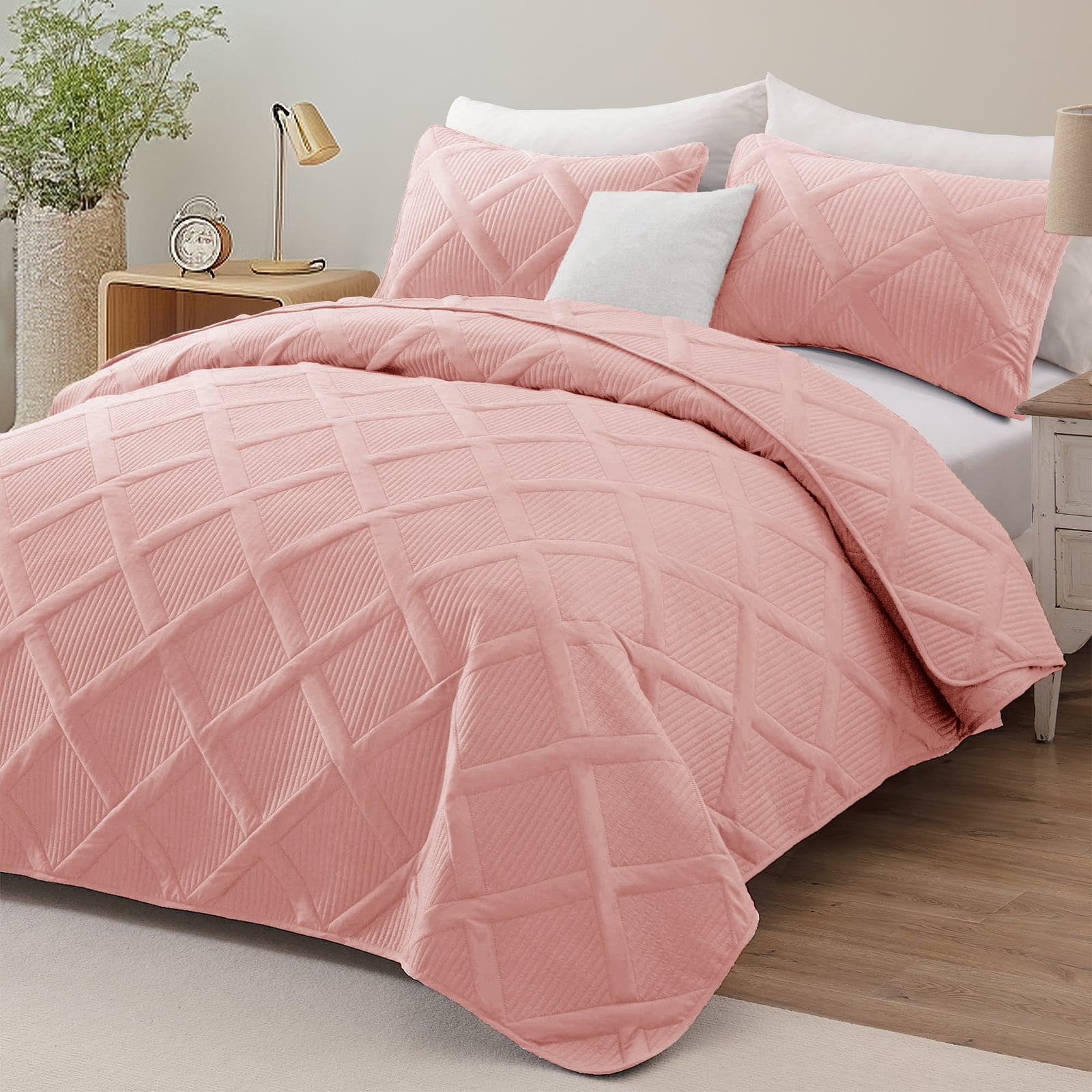 Exclusivo Mezcla Ultrasonic Twin Quilt Set, 2-Piece Lightweight Bedspreads Modern Striped Coverlet, Blush Pink