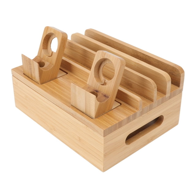Charging Station Rack, 5 Ports Magnetic Design Save Space Bamboo Charging Station For Electronics For Dorm For Mobile Phones For Home Black,Natural Color