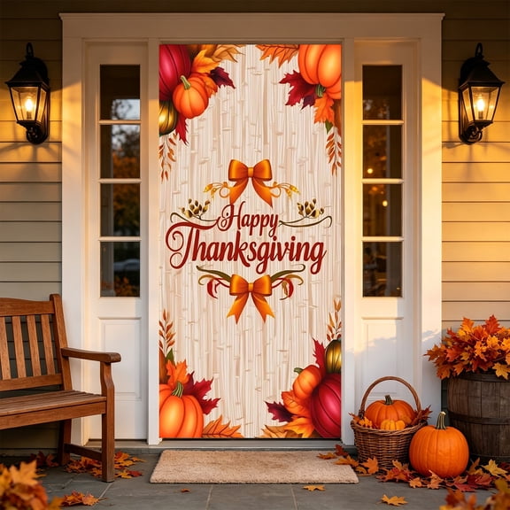 Tyidzon Happy Thanksgiving Door Cover Banner, 35 x 71 inch Maple Leaves and Pumpkin Fall Door Cover for Farmhouse Harvest Thanksgiving Decorations