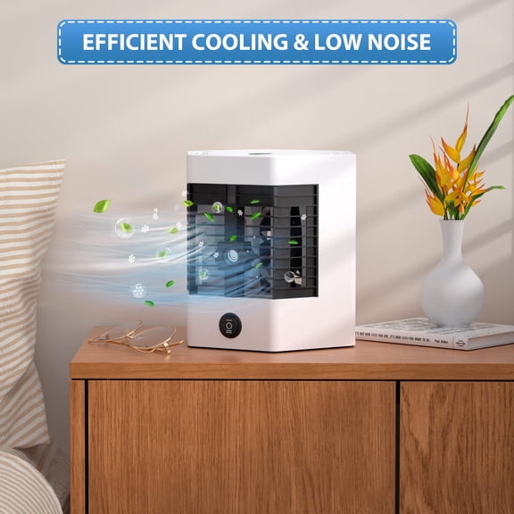 Mini Portable Air Cooler for Home & Office – Personal Space Cooler with 3 Fan Speeds & LED Light for Bedroom & Travel – White