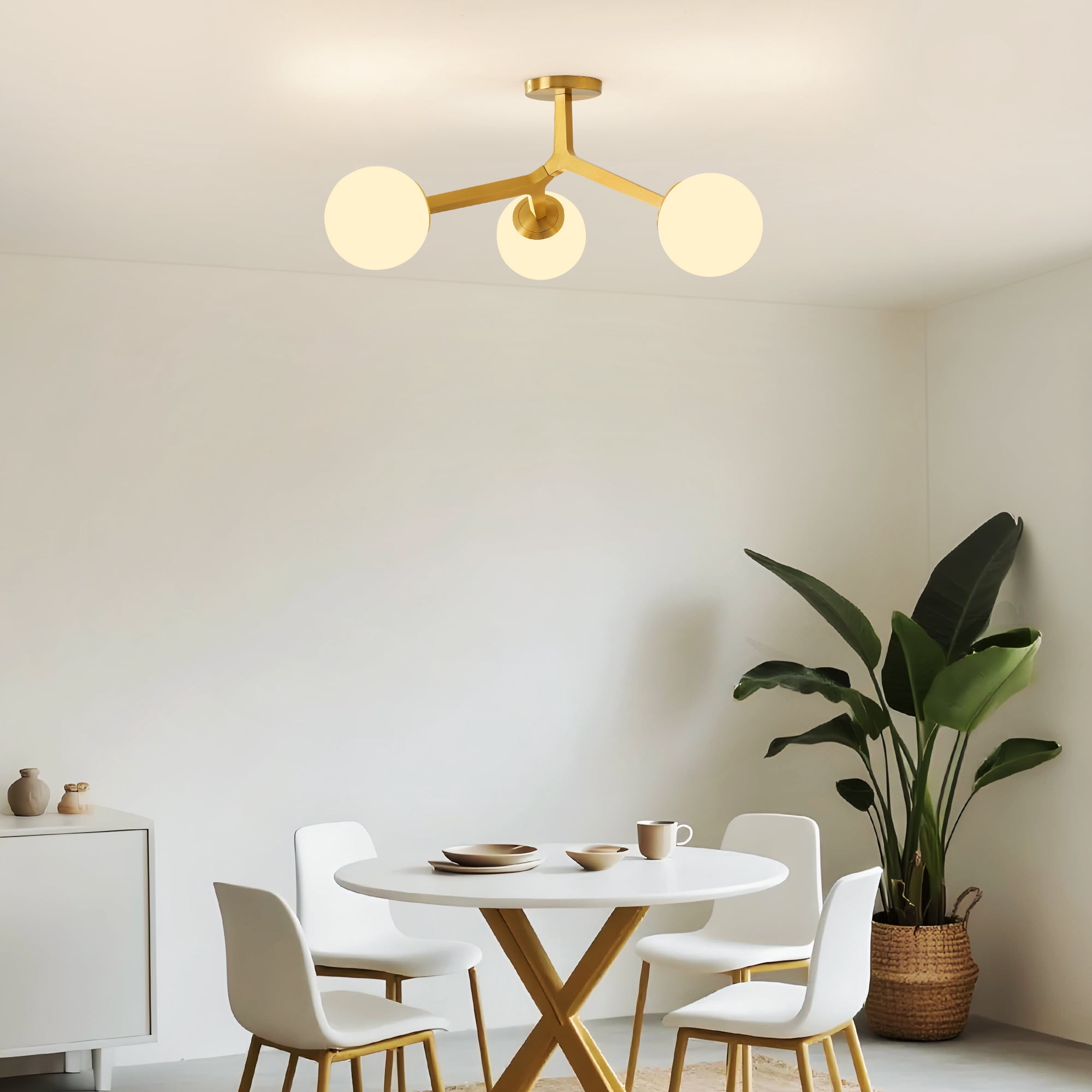 3-Light Gold Modern Chandelier Glass Semi Flush Mount Ceiling Light with Globe Milky Frosted Glass Shade E12 Sputnik Ceiling Light for Kitchen Hallway Light Fixture