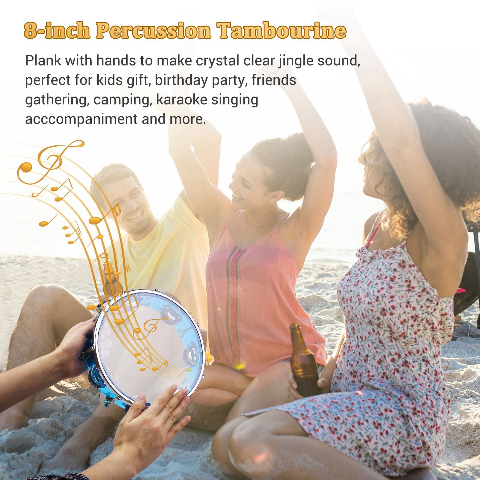 tambourine handbell 8 Inch Handheld Tambourine Drum with Double Row Jingles for Musical Percussion, Ideal for Parties Kids Games