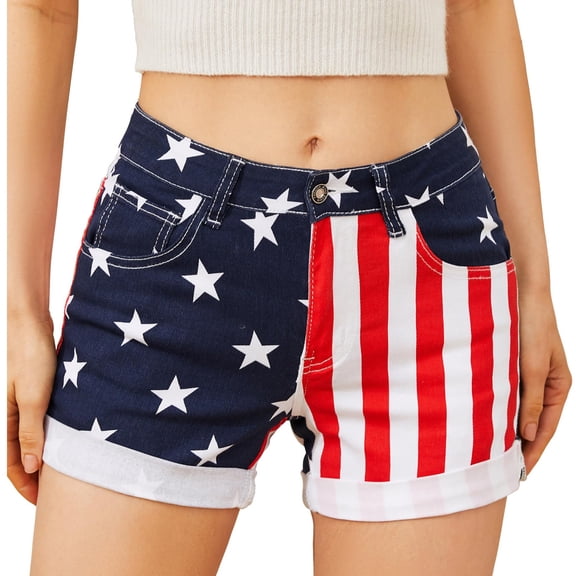 Trendfront Women's High Waisted USA Flag Graphic Print Denim Shorts Button Detail Hem Fashion Bottoms