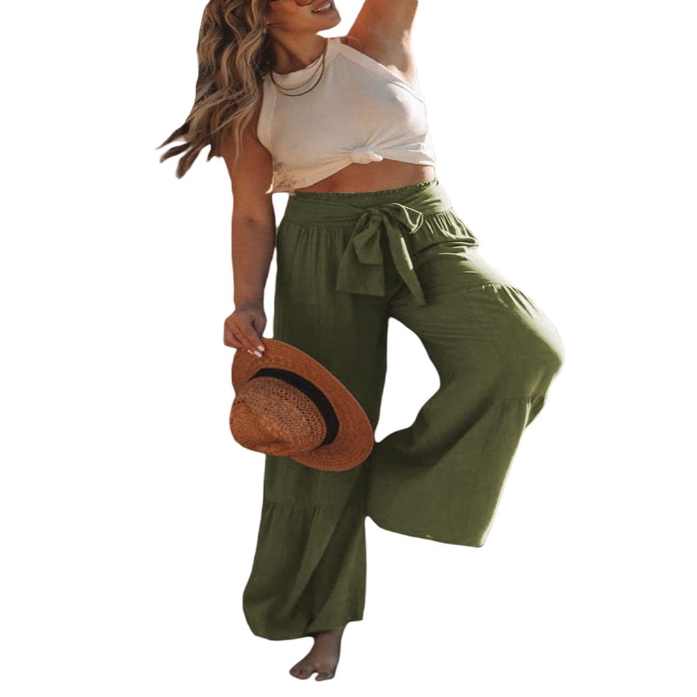 Women Wide Leg Pants High Waist Boho Pants Flowy Elastic Waist Tiered Palazzo Pants Lounge Beach Pants Black S Walmart
