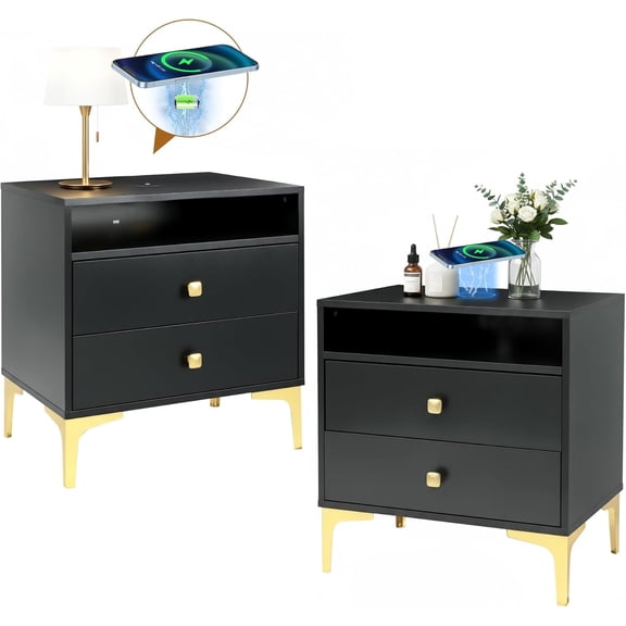 LAZZO Nightstand Set of 2 with Wireless Charging Function, Wooden NightStands with Drawers,Black
