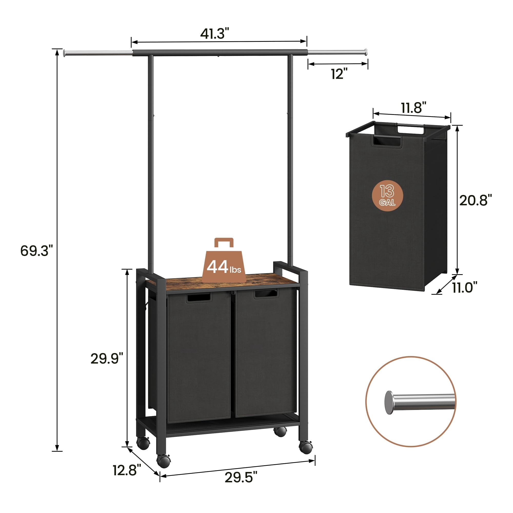 2-Section Rolling Laundry Sorter with Hanging Rack & Wheels, Laundry Hamper Organizer for Laundry Room