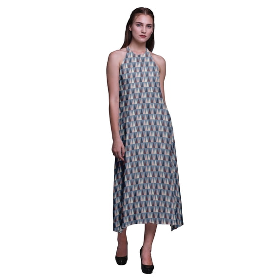 Bimba Geometric Causal Long Backless Halter Neck Dress Women Printed Beach Dress-XXX-Large