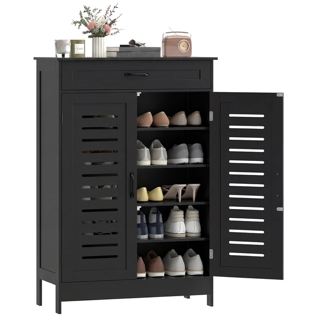 HOMCOM Armoire à Chaussures avec Portes à Persiennes, Armoire de Rangement à Chaussures Moderne, Noir
