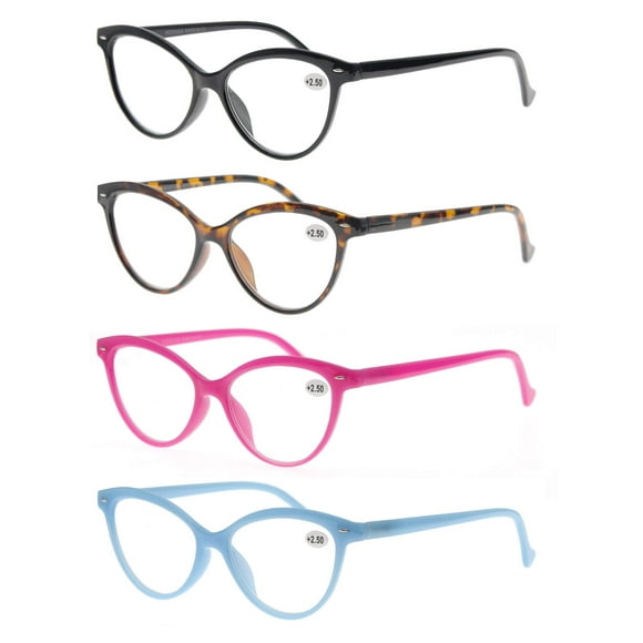 MODFANS Women Reading Glasses 1.0 4 Pack Fashion Colors Cat Eye Readers for Ladies Compact Spring Hinge Lightweight Frame Includes Pocket