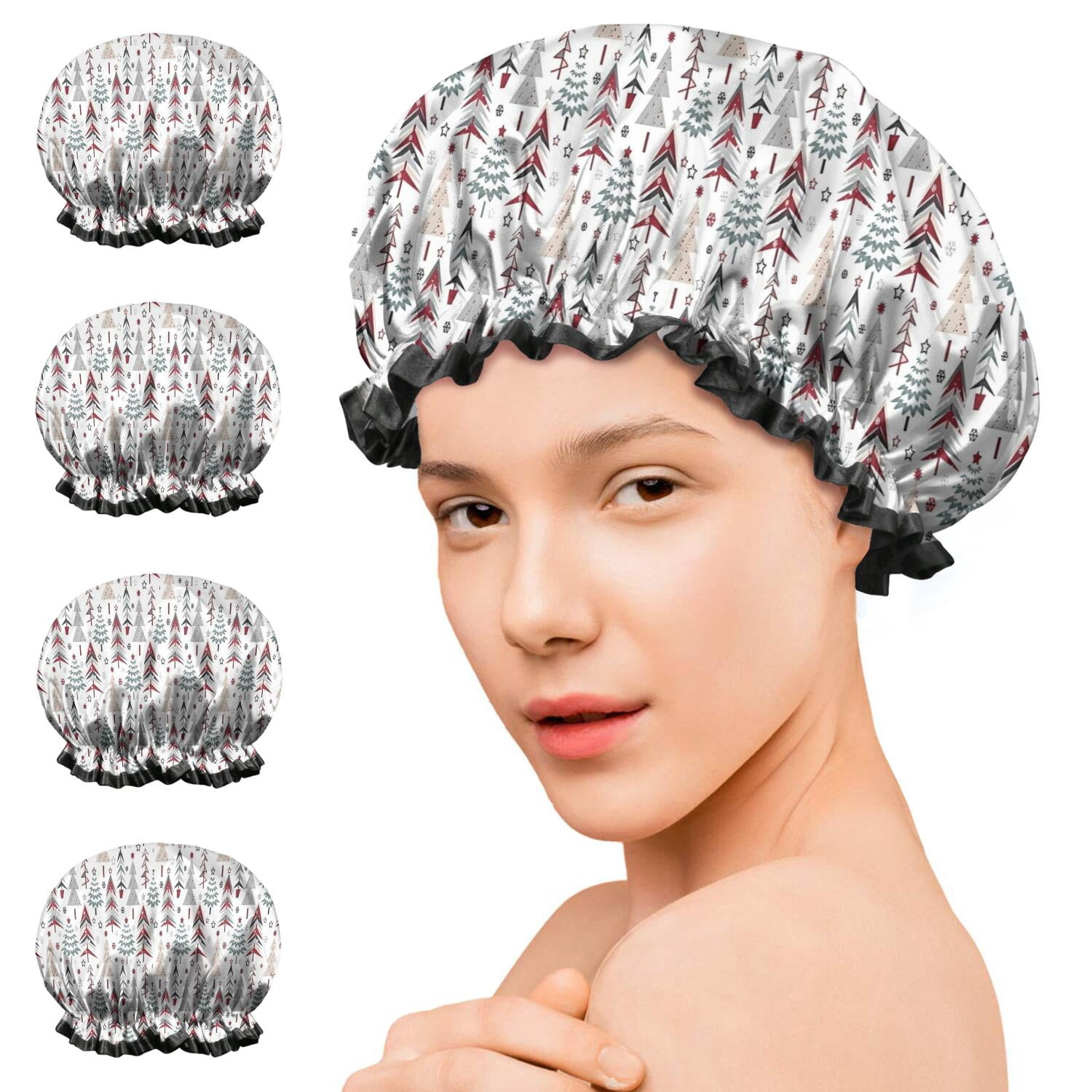 Shower Caps,White Christmas Tree Pattern Waterproof Shower Cap for Women 4 Pieces,Double Reusable Hair Cover for Shower PEVA Elastic Stretch Hem
