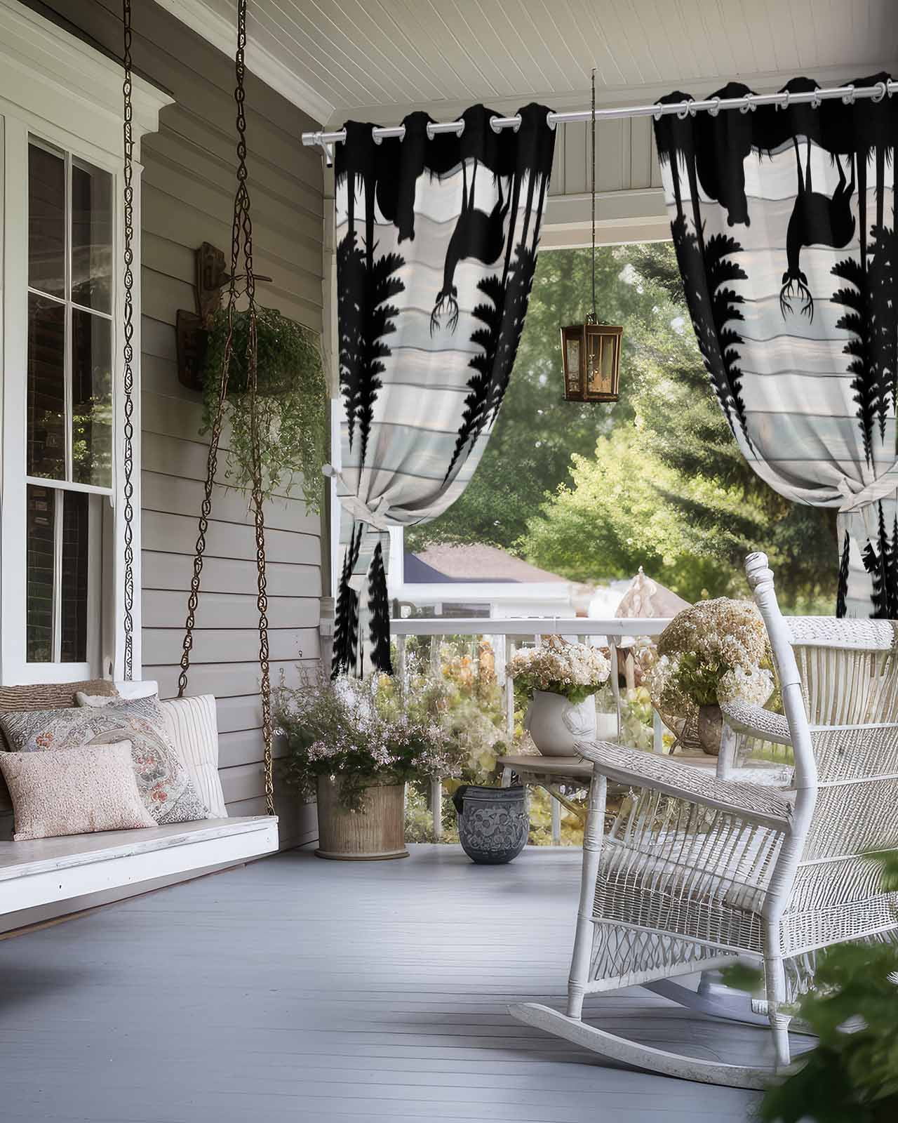 Forest Bear Outdoor Curtains for Patio, Silhouette Elk Stripes Tree Wood Grain Privacy Drapes Grommet Waterproof Outside Curtains for Porch/Cabana/Balcony 54"x 108", 2 Panel