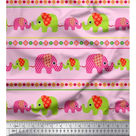 Soimoi Satin Silk Fabric Geometric Shapes,Stripe & Elephant Kids Print Sewing Fabric Yard 42 Inch Wide
