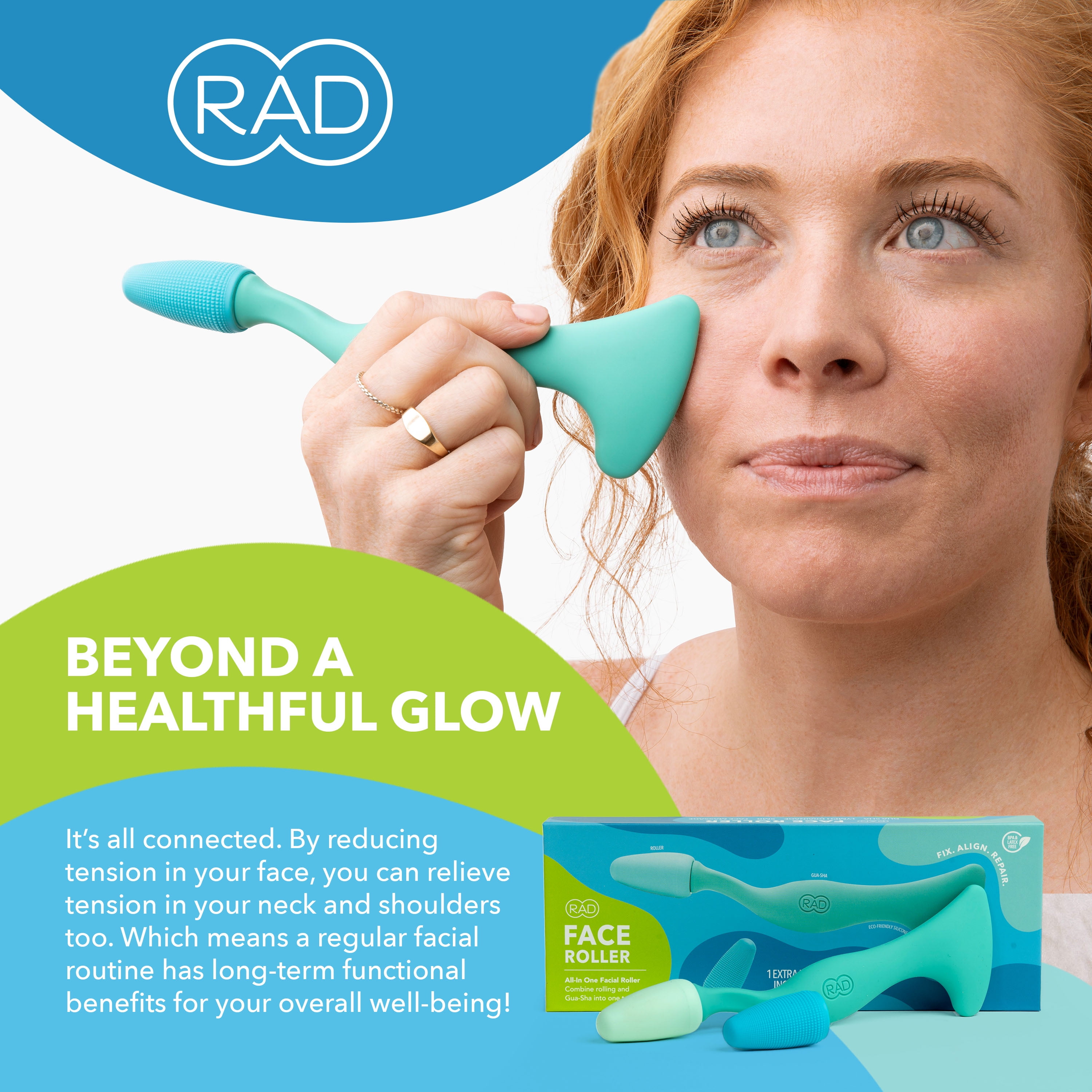 RAD Facial Roller - 2-in-1 Jade Roller & Gua Sha Style Tool, Silicone Handle, skin Care, Rolling & Scraping Massage Therapy