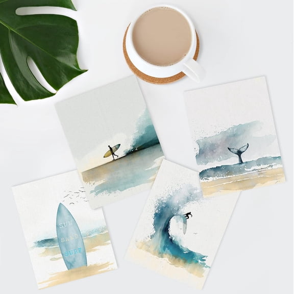 PixonSign 4 PCS Adhesive Canvas Poster Watercolor Pastel Surfboard Ocean Wave Beach Whale Fin Frameless Wall Art Digital Art Set Modern Art Decorative Wall Décor for Bedroom, Office -8"x10"
