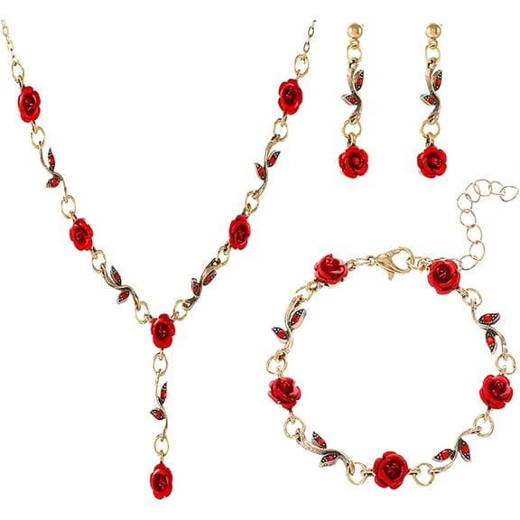 Rhinestone Rose Earring Bracelet Necklace Jewelry Set for Women Red Crystal Long Stud Earrings Flower Hand Chain Floral Adjustable Y Chain Halloween Necklaces