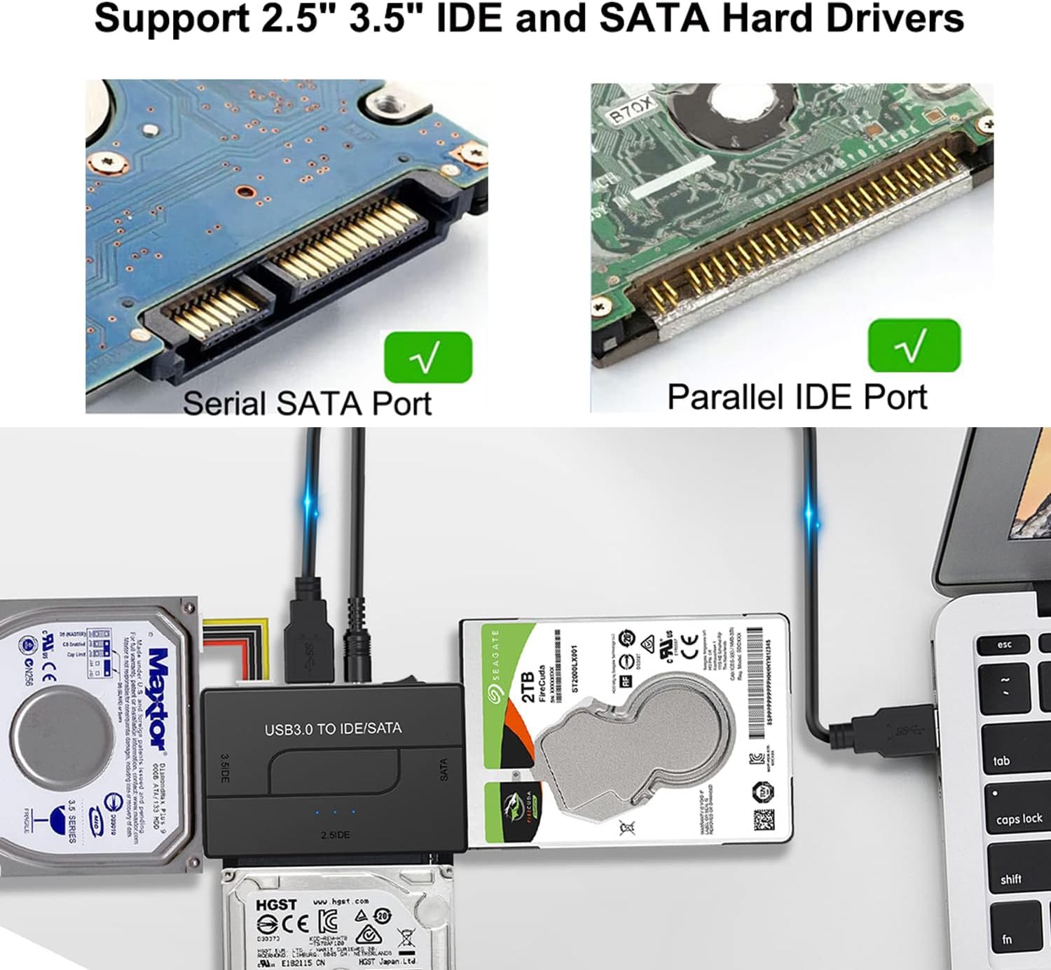 AUBEAMTO USB 3.0/USB C to SATA and IDE Adapter, External Hard Drive Ultra Recovery Converter for Universal 2.5 3.5 IDE and SATA HDD SSD, 5.25-inch DVD/CD-ROM Optical Drive, Easy to Use
