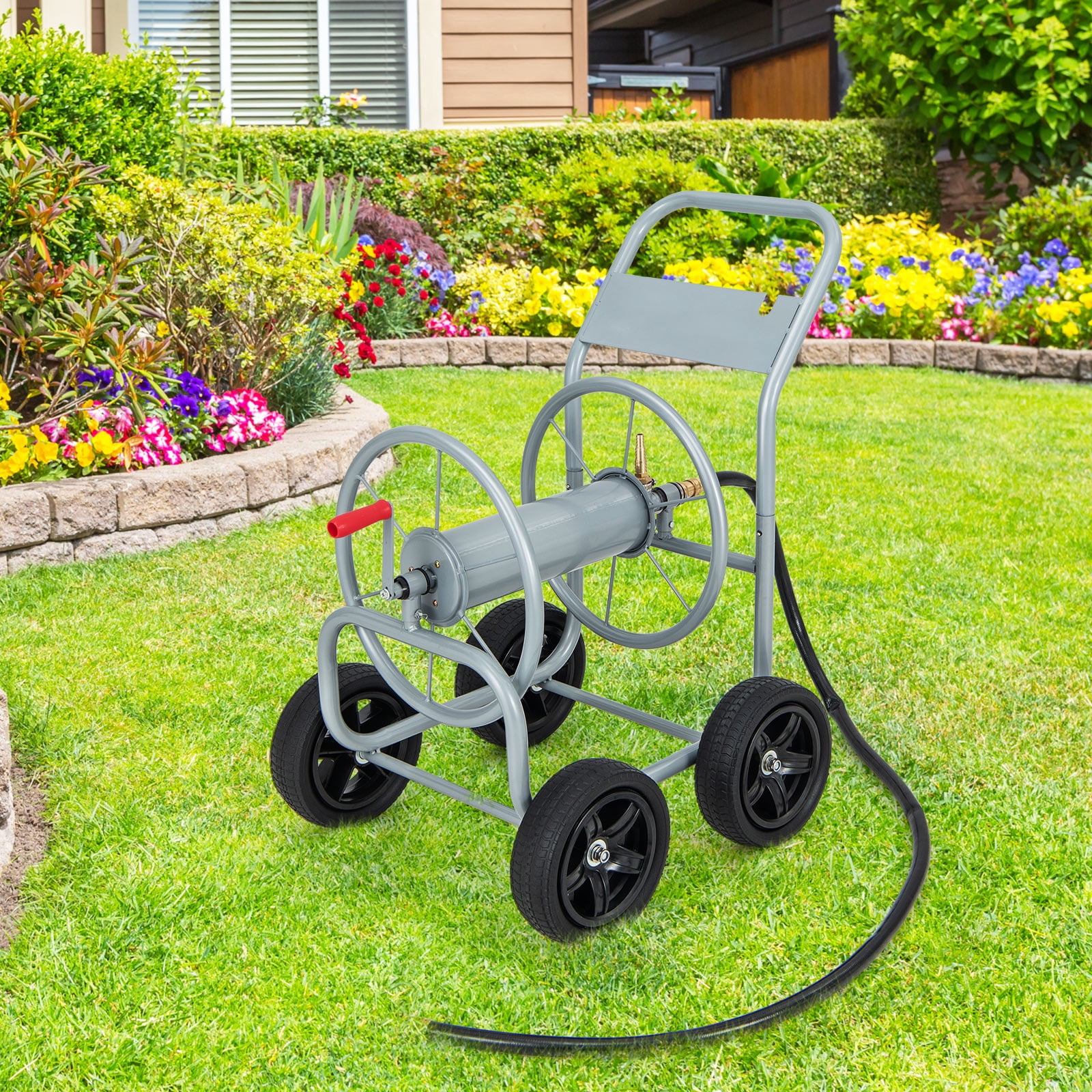 Topbuy 4-Wheel Garden Water Hose Reel Cart, Heavy Duty Wheel Water Planting Cart with Non-slip Crank Handle, Outdoor Slide Hose Guide System Grey