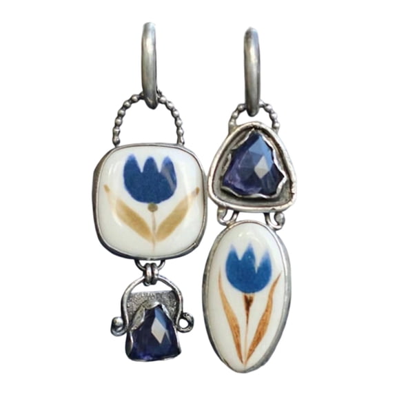 MANNYA Blue Flower Dangle Earrings Handcraft Enameled Jewelry Elegant Everyday Fashion Ear Pieces