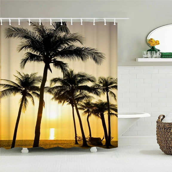 Sunset Dusk Beach Palm Tree Seaside Scenery Fabric Shower Curtain Waterproof Bath Curtains for Bathroom Decorate with 12