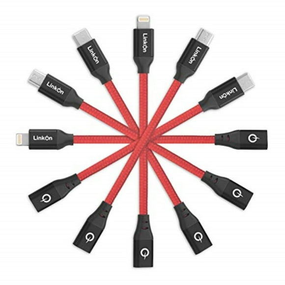 LinkOn 6 in 1 USB Universal Adapters Set 4"/10cm Cable Connectors for Converting All Standards with Charging and Data/Sync Option Combo Type C, iPhone/iPad, Micro Ports Multiple Devices Kit (Red)