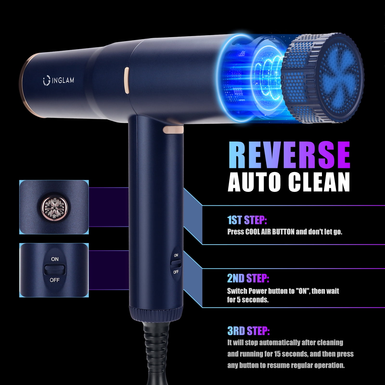 IG INGLAM 1875W ALCI Safety Plug, Lightweight Hair Dryer, 110,000 RPM Brushless Motor, Negative Ion Generator, 3 Heat & Speeds Settings, Auto Clean Function, Portable, 125V, 60HZ