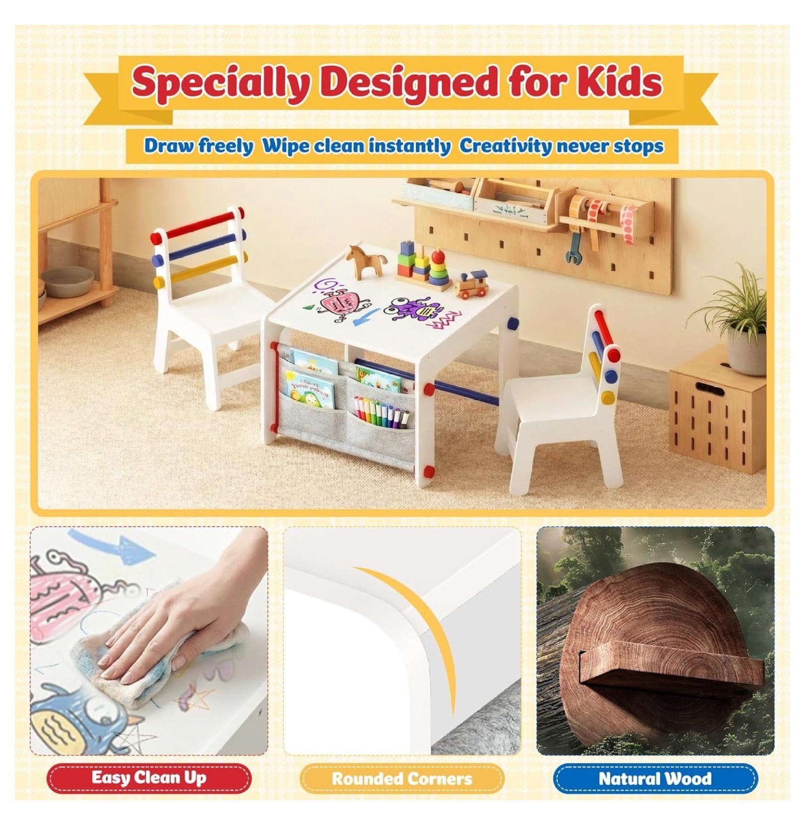 Kids Table and Chair Set 4-in-1 with Storage, Wooden Activity Table for , Arts, Drawing, Reading, Toddler Furniture for Playroom, , Gift for Boys & Girls (Age 3+)