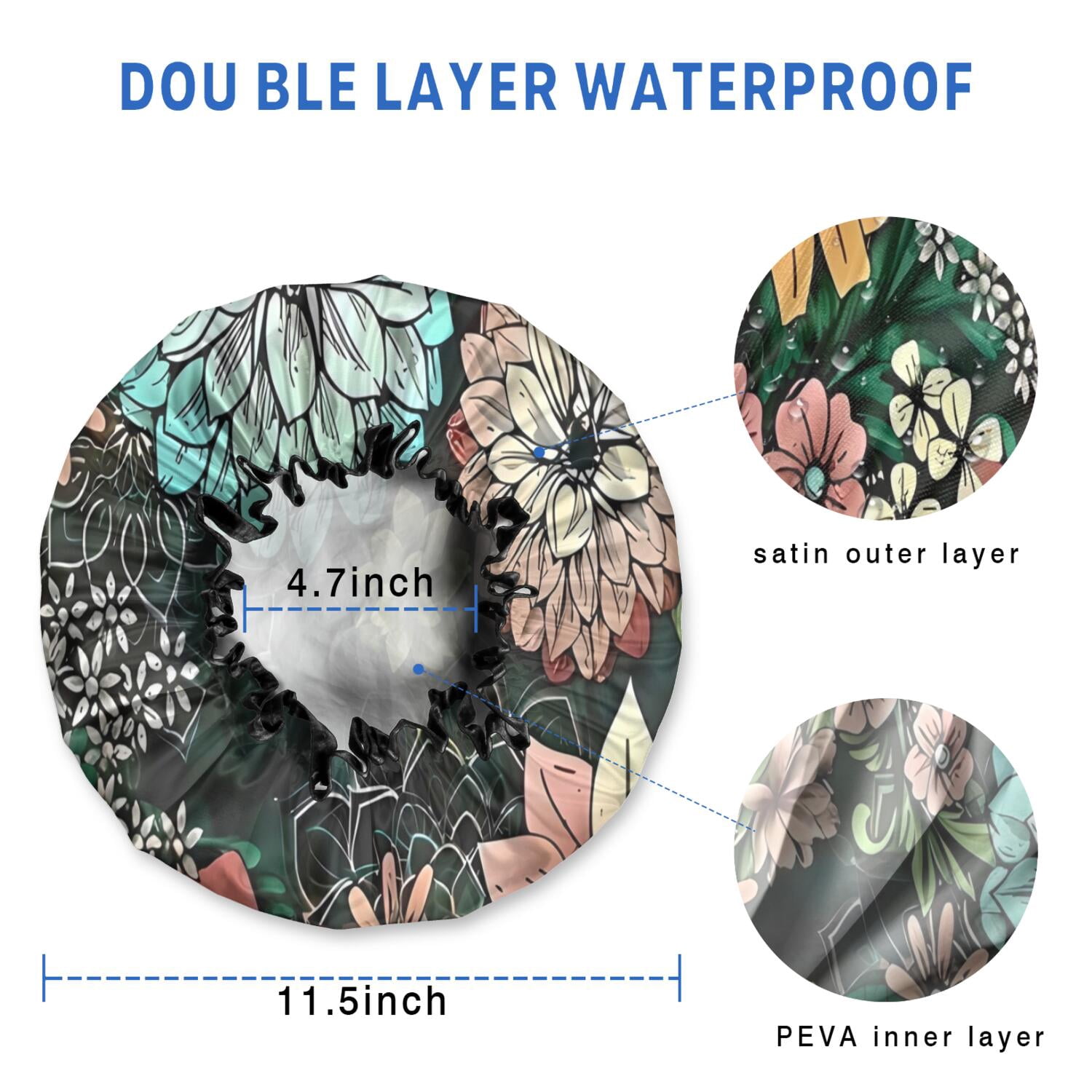 Shower Caps,Pioneer Flower Floral Print Pattern Waterproof Shower Cap for Women 4 Pieces,Double Reusable Hair Cover for Shower PEVA Elastic Stretch Hem
