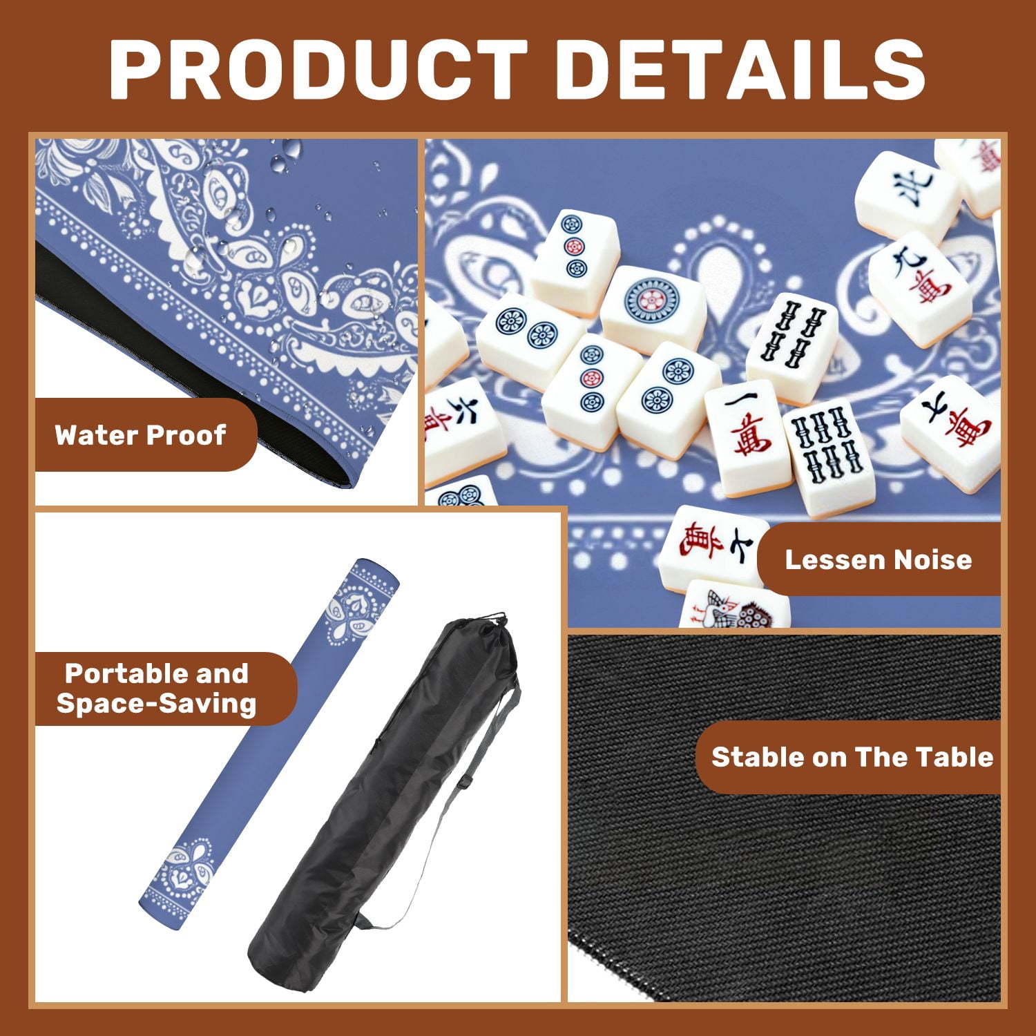 Mahjong Mat 31.5" x 31.5" Blue White Ornamental Bandana Paisley Floral Motifs Non-Slip Noise Reduction American Mahjong Tiles Table Cover for Dominoes Poker Card Board Games Gift