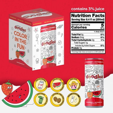 Oodles Of Doodles Strawberry Watermelon Kids Beverage Still, Kids Drink,Color on The Can, 8.4 oz, 4 Cans