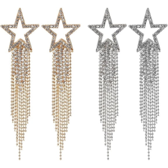 2Pairs 2Colors Alloy Hollow Star Dangle Stud Earrings Crystal Rhinestone Tassel Earrings 103x26.5mm Platinum & Light Gold