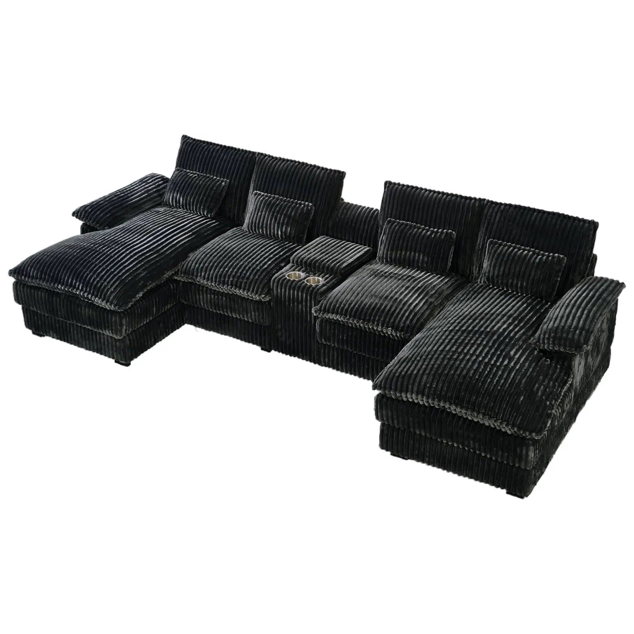 ANPPORT Luxury 124" U Shaped Cloud Modular Sectional Sofa, Corduroy Deep Seat Couch with Storage Console, USB Ports & Cup Holders for Living Room, Grey