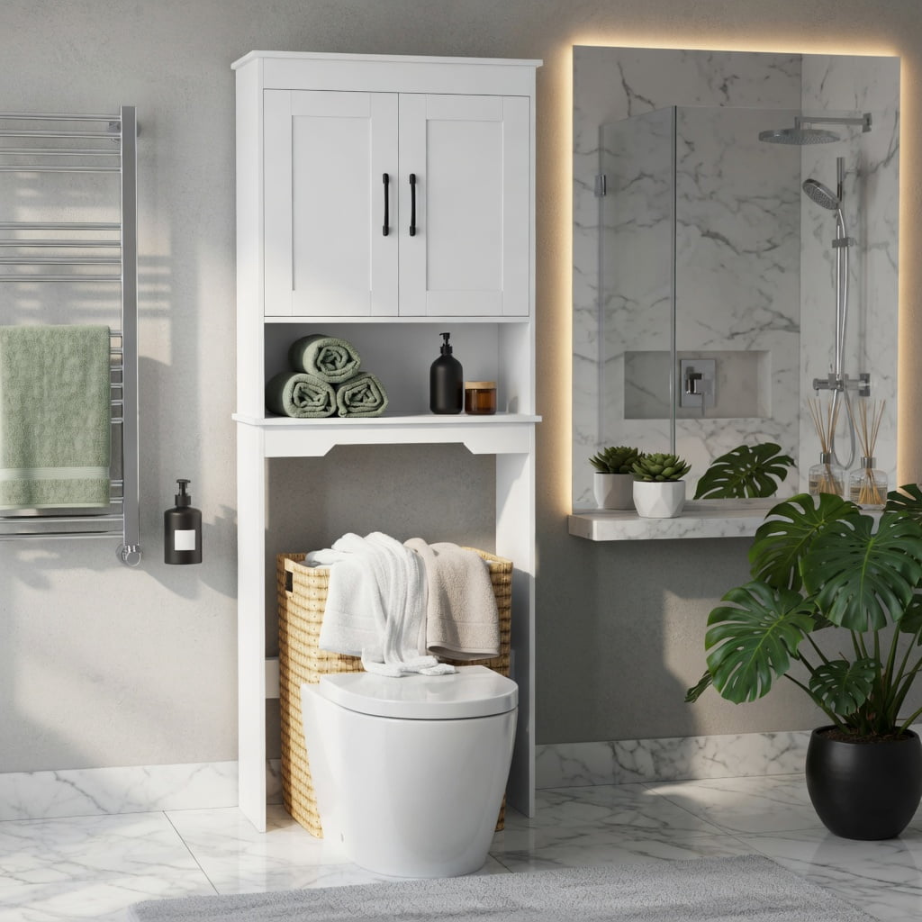 Hommoo Over-Toilet Bathroom Organizer Cabinet, Space-Saving Storage Unit with Adjustable Shelf, Soft-Close Hinges & Wall Anchors for Small Bathrooms, White