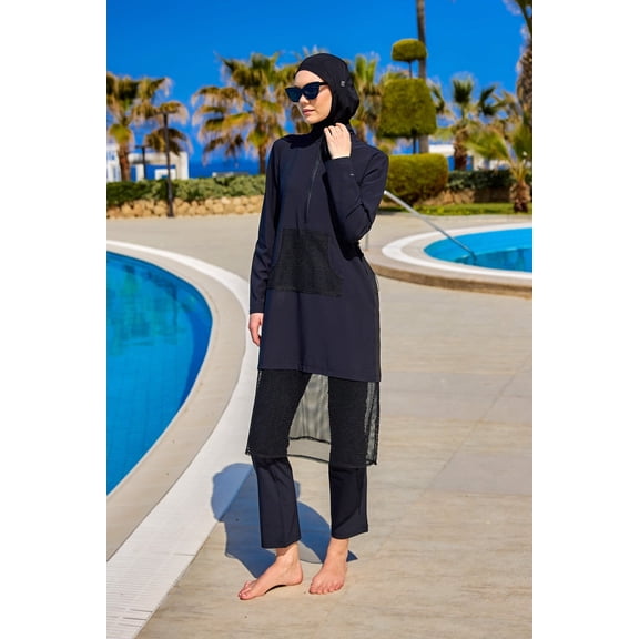 Marina Women's Modest Full Coverage Burkini Set - Black Islamic Swimsuit, Model M2508-1