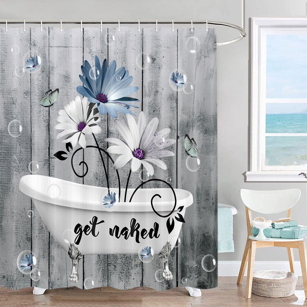 Rustic Get Naked Floral Shower Curtain Set, Blue and White Little Daisy in Bathtub Butterfly Bath Curtain, Vintage Grey Wooden Waterproof Fabric Bath Curtain for Bathroom Decor With Hooks,72X84in